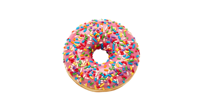 Pink-iced donut with colorful sprinkles, circular shape and central hole—vibrant, sweet, and ideal for dessert, culinary, or visual design reference