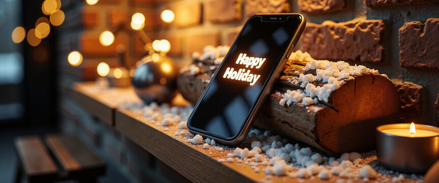 Festive smartphone displaying "Happy Holiday" on rustic shelf with decor