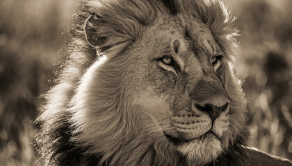 Sepia Portrait of Male Lion with Mane