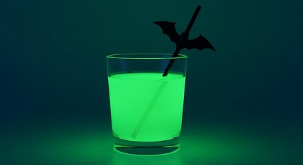 Glowing green halloween cocktail with bat stirrer in glass on dark background for spooky celebrations