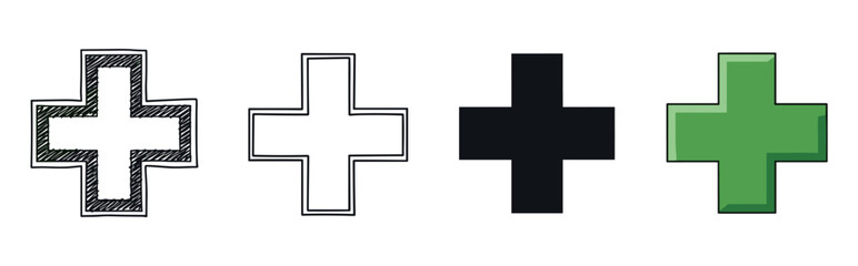 Fototapeta premium Set of four medical cross icons in various styles including a hand-drawn sketch, a simple outline, a black silhouette, and a green color fill for health concepts