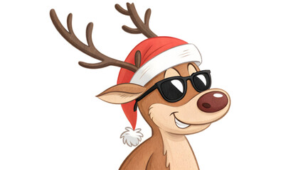 Cartoon reindeer wearing Santa hat and sunglasses, cheerful Christmas character, festive holiday illustration and fun seasonal mascot design (PNG)