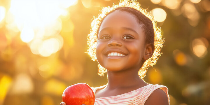Cheerful child holding big red apple on nature background. Fresh healthy food for kids.