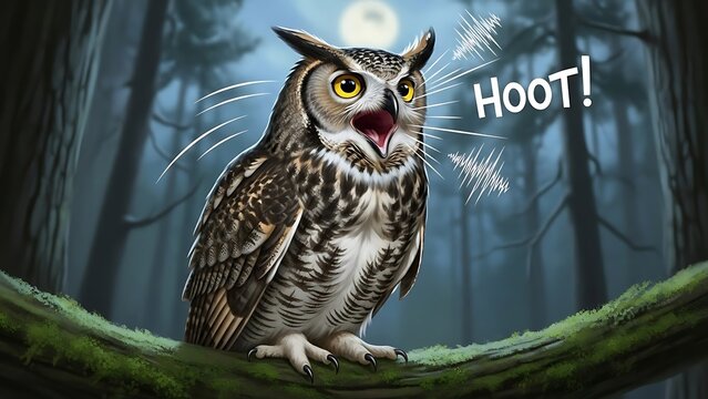 Majestic owl hooting in the tranquil forest under the moonlight, a captivating symbol of wisdom and mystery, perfect for nature themed projects