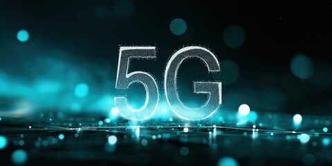 5G network digital hologram. High-speed mobile and internet on city background.
