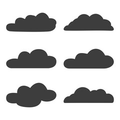 Minimal hand drawn dark grey cloud silhouettes vector graphic shapes collection.