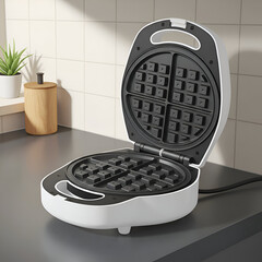 Modern white waffle iron open on a dark gray countertop in a kitchen. Open design reveals black cooking plates for perfect waffle creations.