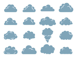 Stylized blue grey cartoon cloud shapes vector graphic elements collection.