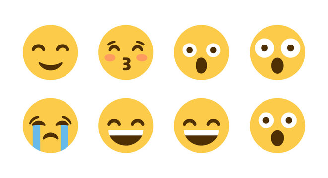 Collection of yellow smiley faces with various expressions in flat style