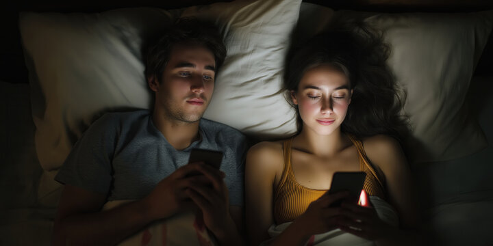 Young couple lying in bed using their smart phones. Bored man and woman ignoring each other while using mobile phones. Addiction to social media and technology.