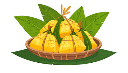 Traditional food items wrapped in leaves served in a rustic basket.