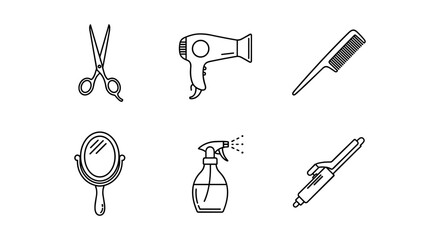 Minimalist hair salon icons set featuring scissors, dryer, comb, mirror, spray, and brush