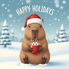 Happy Holidays greeting card – cartoon capybara in Santa hat holding hot chocolate mug with marshmallows, sitting on snowy ground with falling snowflakes and blurred pine trees.
