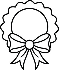 Black outline of a circular frame with scalloped edge a bow