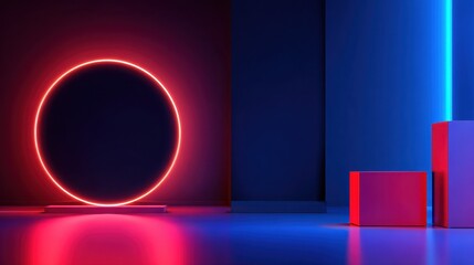 Vibrant neon circle illuminated in a modern studio setting with colorful geometric shapes nearby