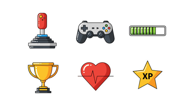 Gaming icons set: colorful flat style joystick, controller, heartbeat, trophy, xp, and progress bar