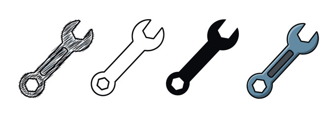 Set of four combination wrench icons presented in a row, showcasing different artistic styles including a hand-drawn sketch, simple outline, solid black silhouette, and a colored cartoon