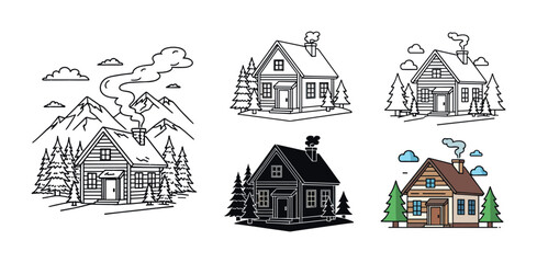 Fototapeta premium Set of six rustic cabin illustrations in various styles including line art, silhouette, and color, perfect for outdoor adventure or travel themes