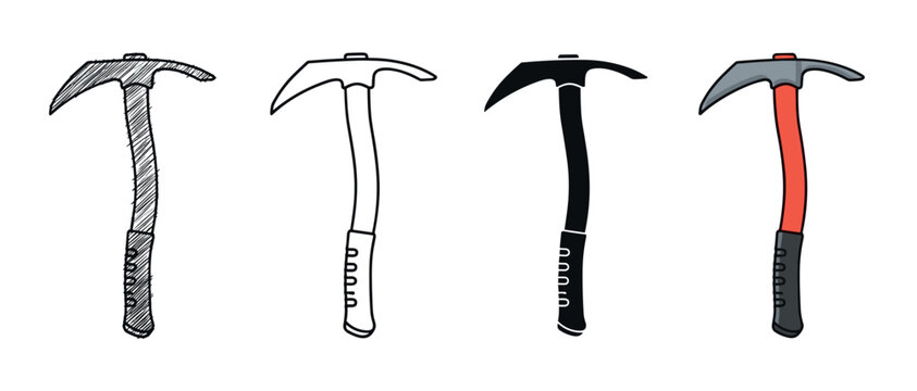 Set of four ice axe illustrations showing different artistic styles like hand-drawn sketch, simple outline, solid silhouette, and flat color cartoon