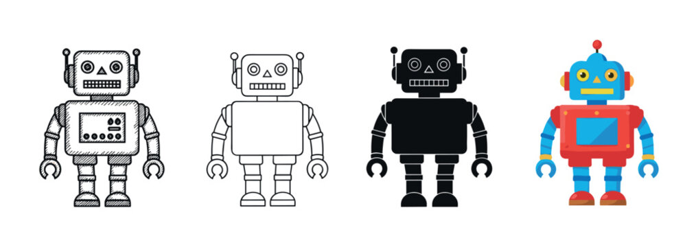 Collection of four classic toy robot illustrations in various design styles, including a detailed hand-drawn sketch, a clean outline, a solid black silhouette, and a colorful flat cartoon