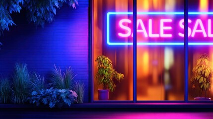 Vibrant storefront at night with neon sale sign, lush plants, and colorful lighting creating an inviting atmosphere