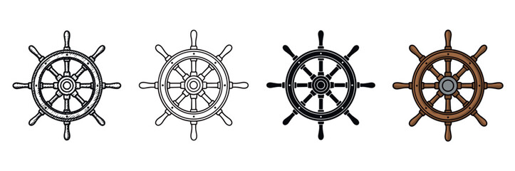 Obraz premium Set of four ship's wheels in various artistic styles including hand-drawn sketch, clean outline, solid black silhouette, and classic brown wood color illustration