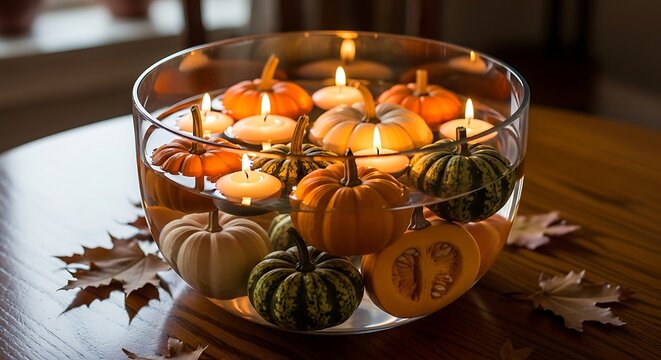 Pumpkins and candles floating in a glass bowl centerpiece on a wooden table for fall decoration - Powered by Adobe