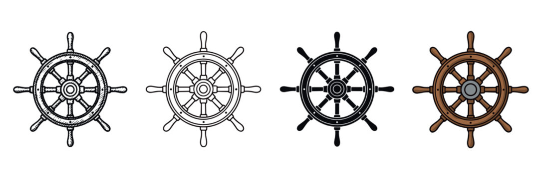 Set of four ship's wheels in various artistic styles including hand-drawn sketch, clean outline, solid black silhouette, and classic brown wood color illustration