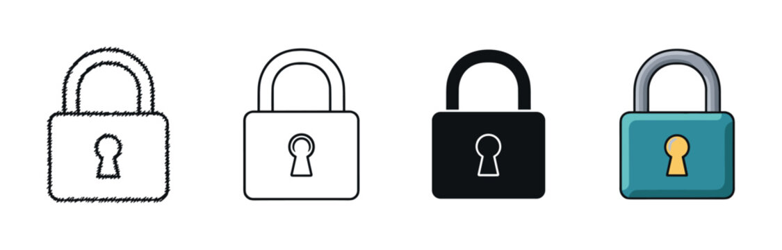 Collection of four padlock icons demonstrating different design styles, including a scribble sketch, a minimal outline, a solid black glyph, and a colorful flat cartoon element
