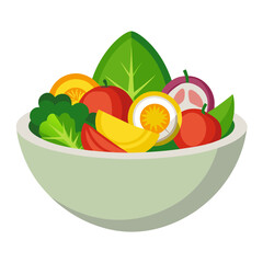A colorful illustration of a bowl filled with fresh salad greens, fruits, and a hard-boiled egg, representing a healthy meal.