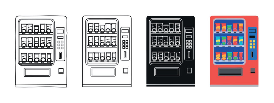 Vending machine illustration set with snacks and drinks shown in four different graphic styles: outline, line art, silhouette, and colorful flat design vector