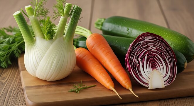 A variety of fresh vegetables including fennel carrots zucchini and red cabbage on a wooden cutting board - Powered by Adobe
