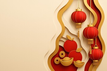 Elegant Paper Cut Chinese Lunar New Year Design with Lanterns and Oranges