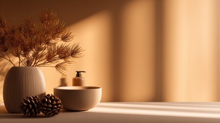 A serene interior scene featuring a vase with dried flowers, a bowl, and pinecones, illuminated by soft light
