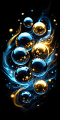 Abstract gold and blue spheres on a black background