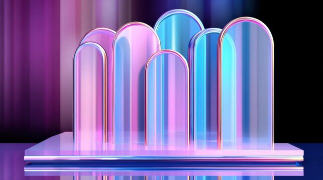 Abstract colorful glass arches reflecting light in a vibrant background, ideal for modern design concepts