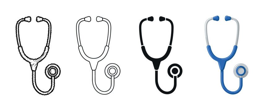 Collection of four stethoscope icons in different artistic styles including sketch, line art, silhouette, and a blue flat cartoon design for medical and healthcare concepts