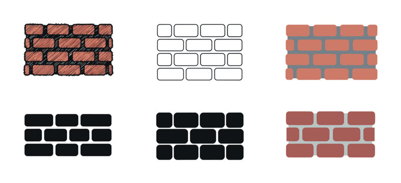 Collection of six brick wall icons in various graphic styles including flat design, outline, silhouette, and hand-drawn sketch for construction and building themes