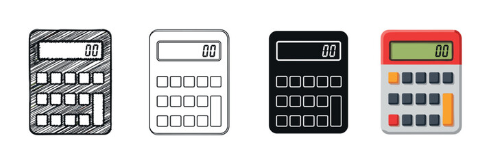 Set of four calculator icons showing different artistic styles including hand-drawn sketch, simple outline, solid black silhouette, and colorful flat design for financial concepts