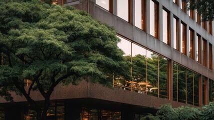Fototapeta premium A large green tree with dense foliage partially obscures a modern concrete building with reflective windows