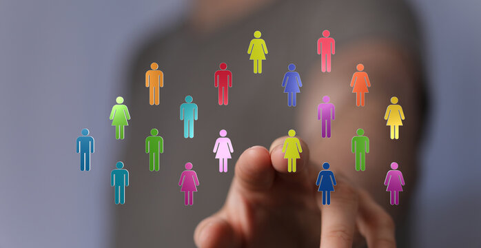 Hand pointing at colorful people icons representing a digital social network or community. Illustrating connections, communication, and human in - Powered by Adobe