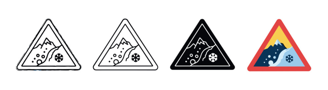 Avalanche warning sign icon set in different styles including line art, solid glyph, and flat color design for winter safety and natural hazard awareness
