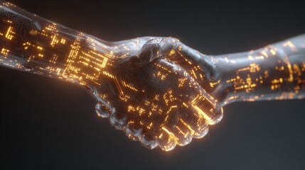 Futuristic robotic hands in a handshake with glowing circuit board patterns