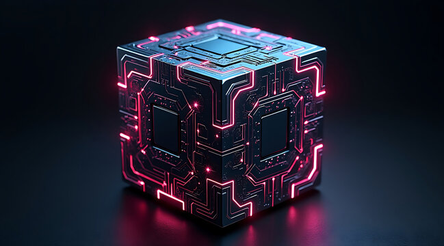 Futuristic metallic cube with glowing pink circuit patterns on dark reflective surface, emitting high tech and mysterious vibe