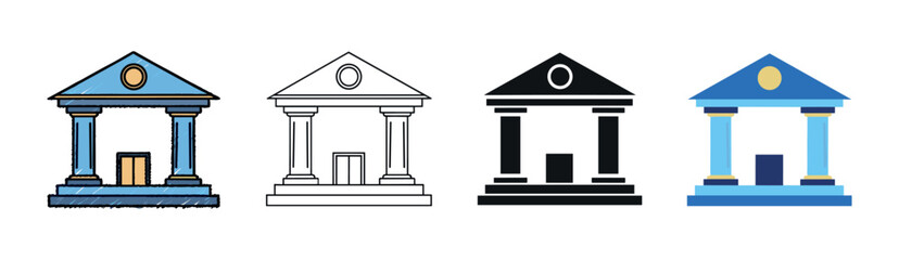 Collection of classical building vector icons shown in four distinct styles: colorful sketch, simple line art, black glyph, and modern flat design for various concepts