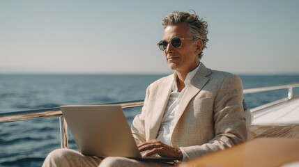 Mature businessman in a light suit working on a laptop on a yacht at sea