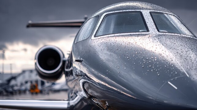 Close up of a dark gray private jet's cockpit and engine with raindrops on the fuselage