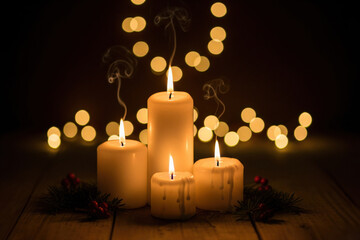 A dramatic composition of burning wax candles on a dark background with blurred golden bokeh lights. Mysterious and magical holiday ambiance. Christmas Still Life. Christmas Eve. Happy New Year. Xmas.
