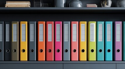 A row of colorful neatly arranged binders sits on a dark shelf with office supplies above