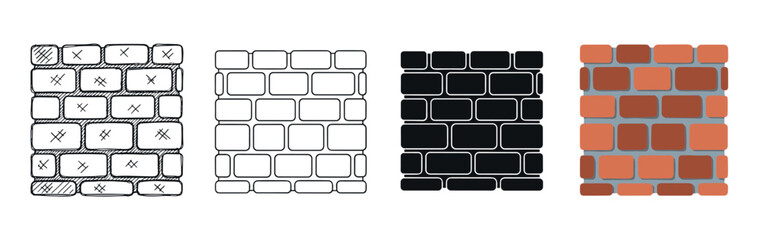 Set of four brick wall patterns showing different artistic styles including hand-drawn sketch, simple outline, solid silhouette, and a classic flat color design illustration